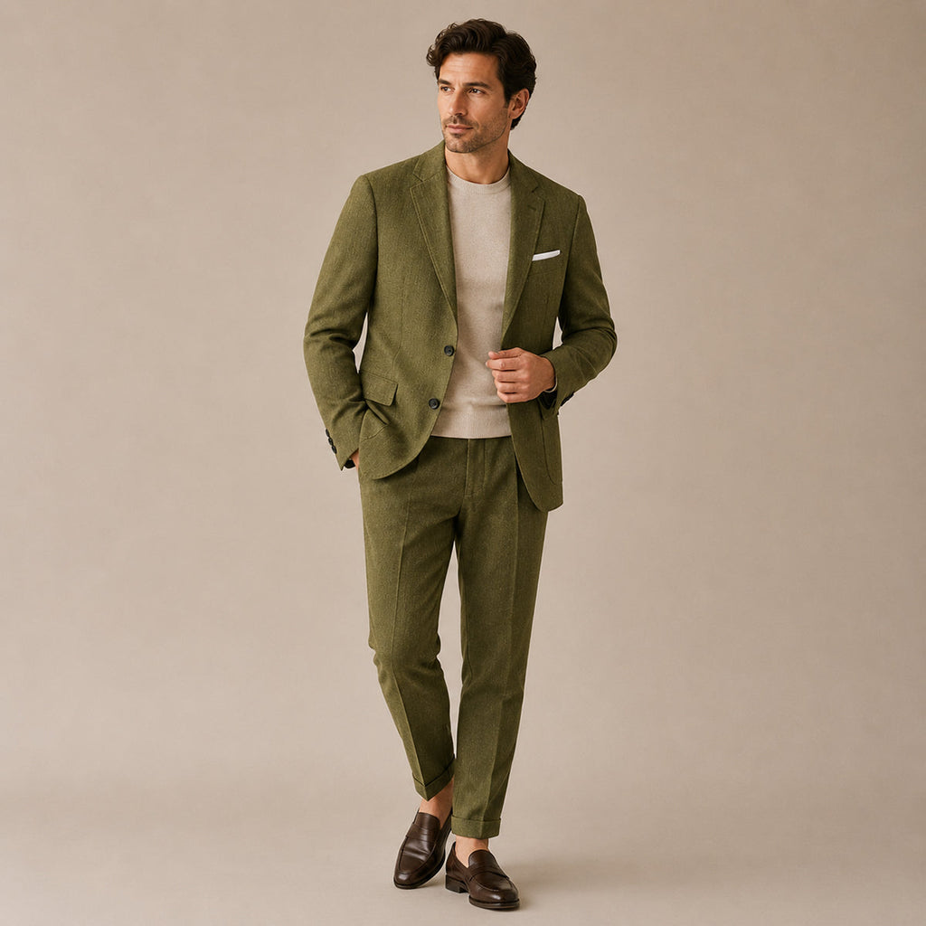 Olive green slim fit business suit set on model, blazer and tapered trousers