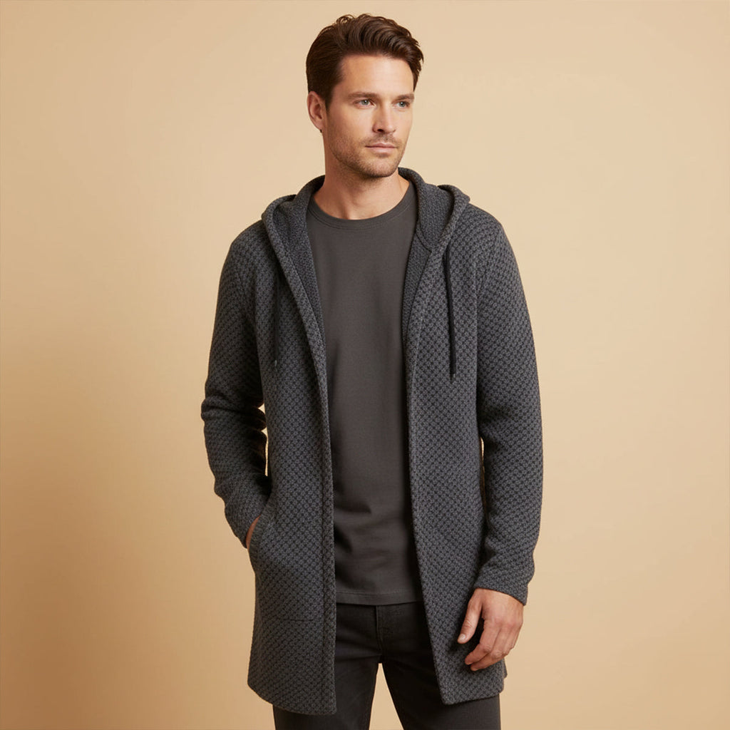 Men's textured gray longline hooded knit cardigan with drawcord hood and open front