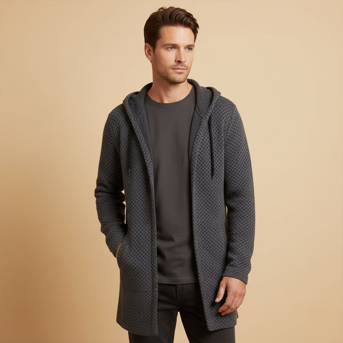 Men's textured gray longline hooded knit cardigan with drawcord hood and open front