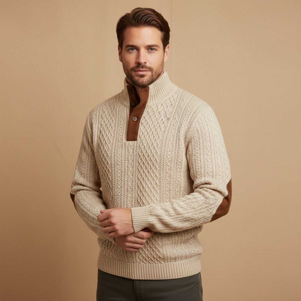 Men's tan quarter-zip knit sweater with brown leather-look trim and ribbed hem