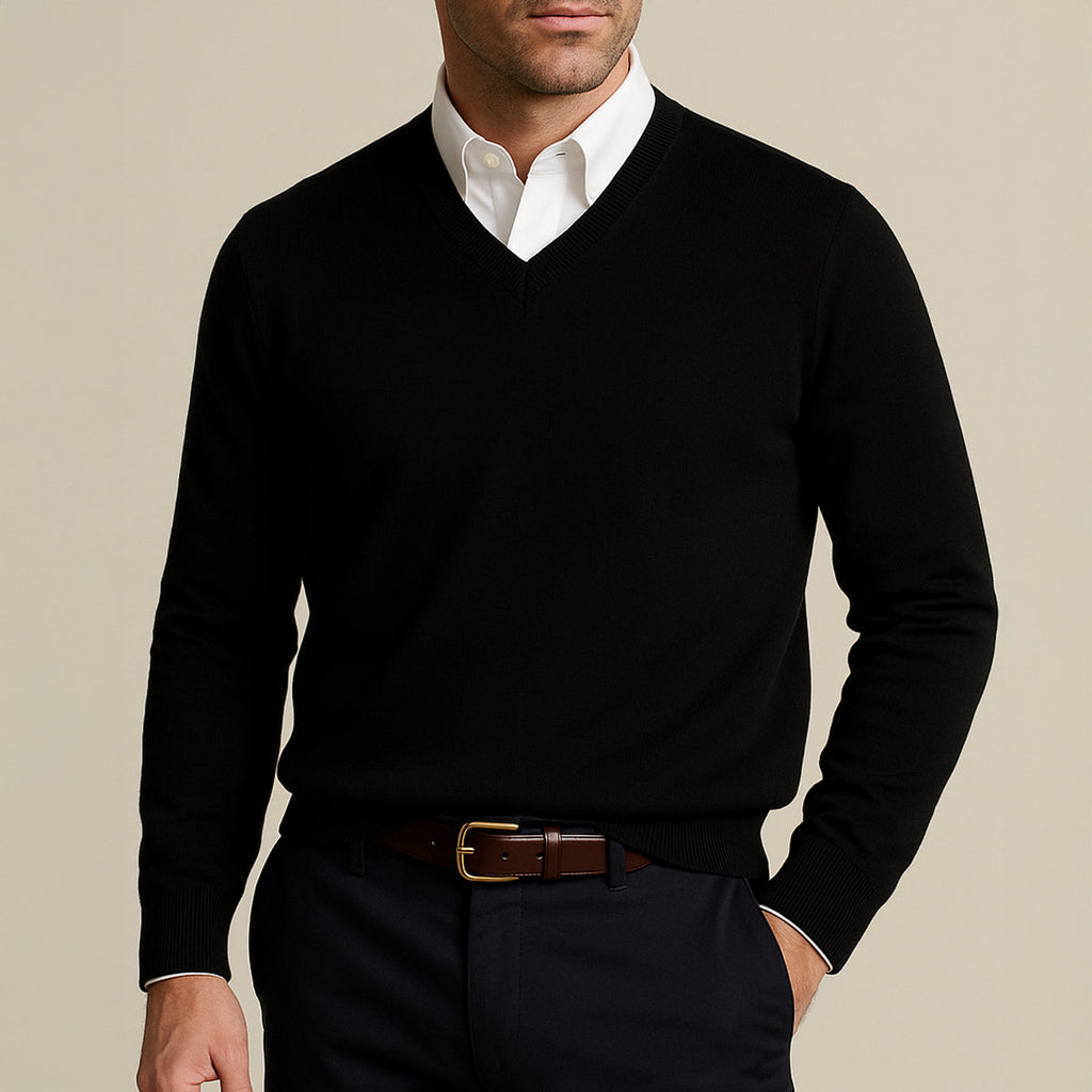 Men's cashmere V-neck sweater, black with ribbed cuffs and hem.