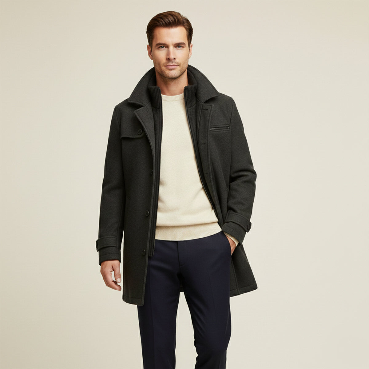 Men's dark long jacket worn with open front, showing stand collar and button closures