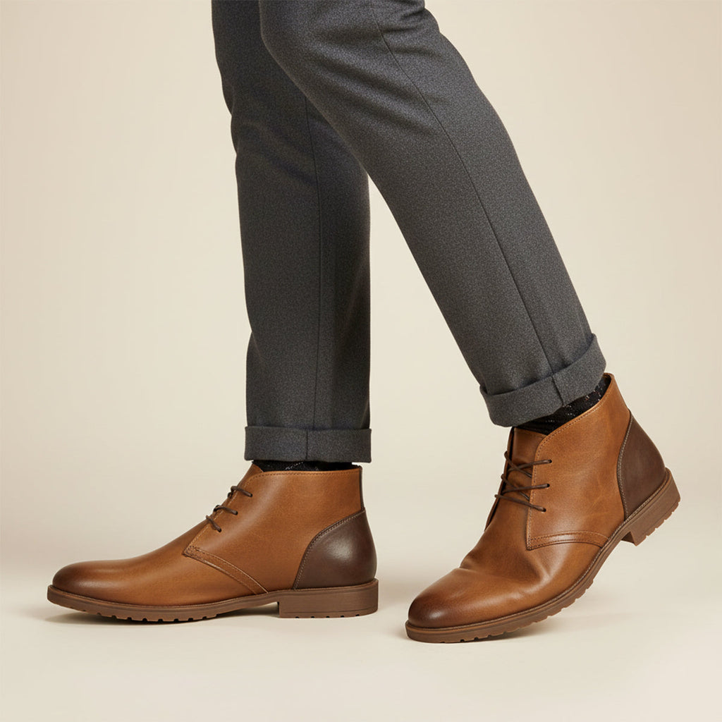Men's brown lace-up ankle boots worn with trousers, side view on plain background