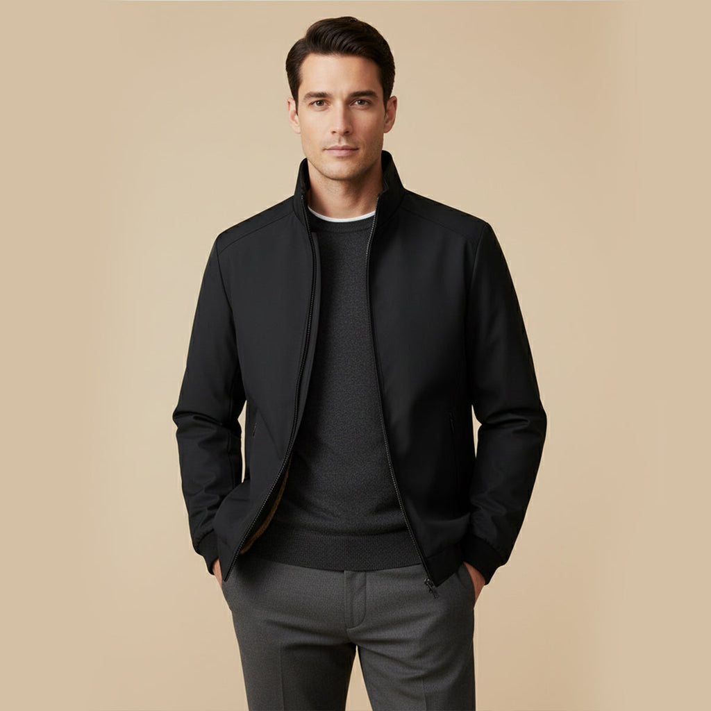 Men’s black fleece-lined winter jacket with zip front and stand collar.