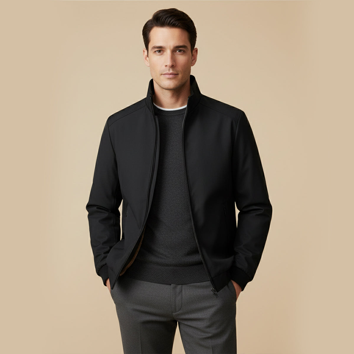Men’s black fleece-lined winter jacket with zip front and stand collar.