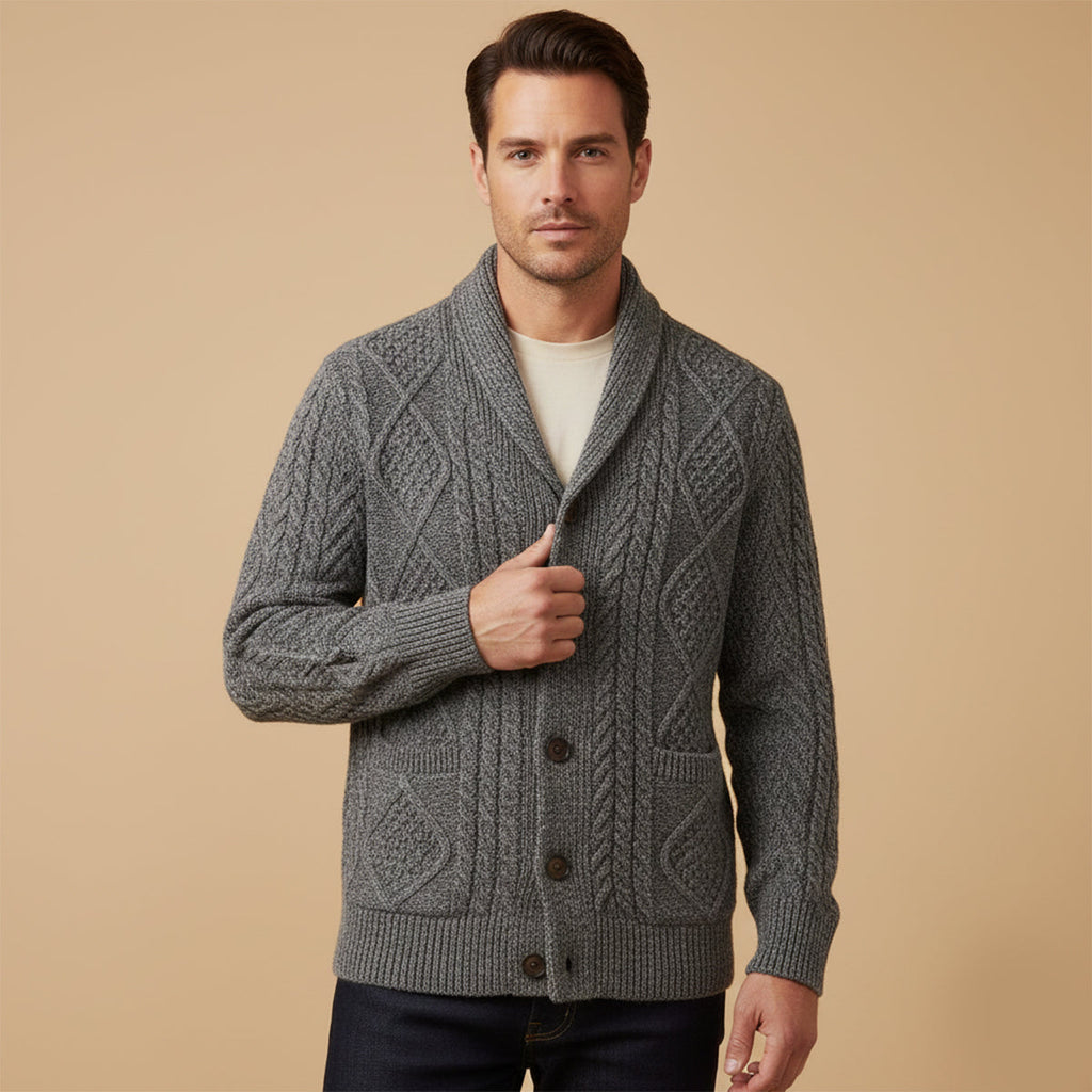 Men's dark gray shawl-collar cardigan with button front; textured cable knit