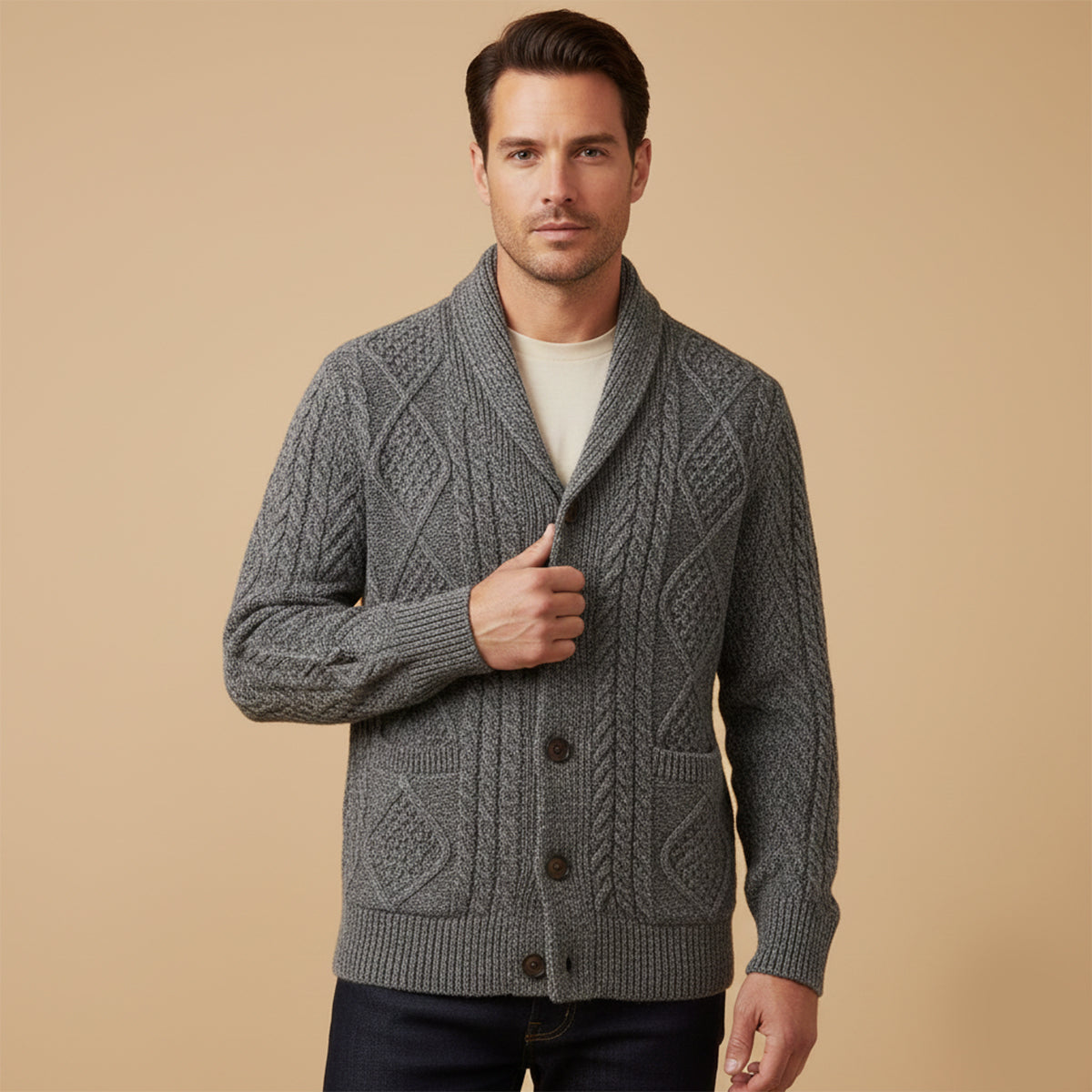 Men's dark gray shawl-collar cardigan with button front; textured cable knit