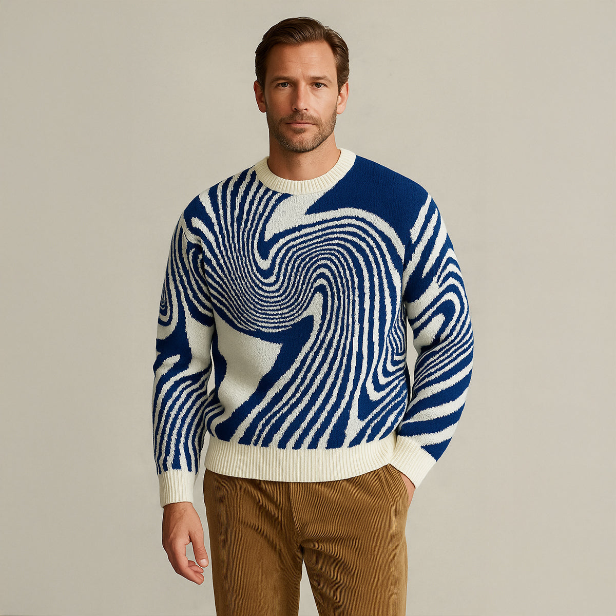 Men's blue and cream jacquard knit crewneck sweater with bold swirl design