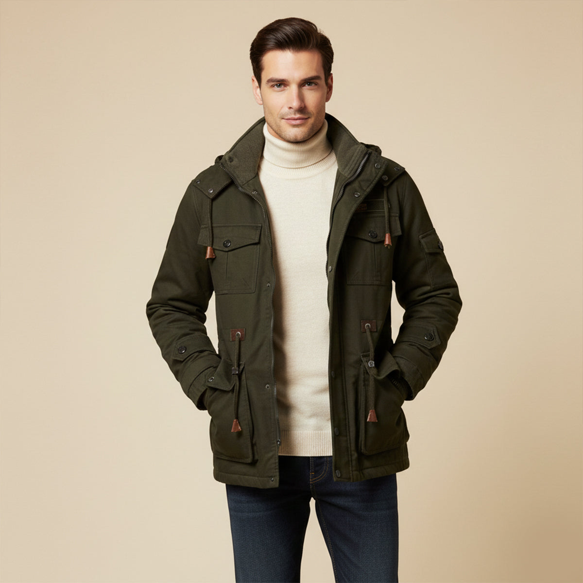 Men's army green hooded jacket with plush lining, utility pockets, and zip front