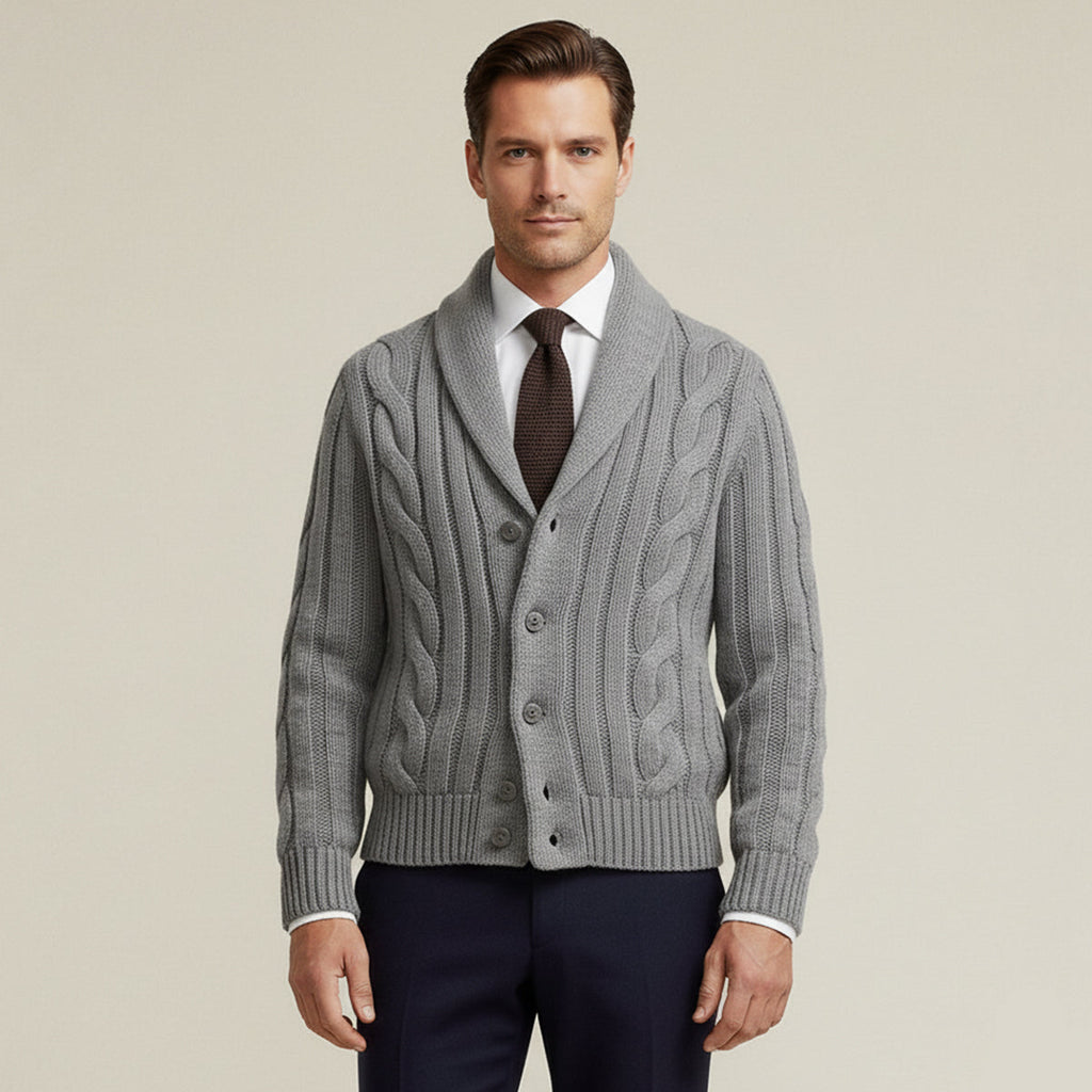 Men’s gray cable-knit cardigan with button front and shawl collar, ribbed cuffs