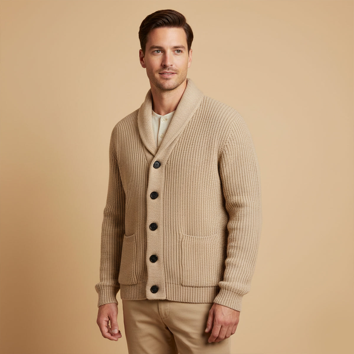 Men's khaki chunky knit shawl-collar cardigan with patch pocket and buttons