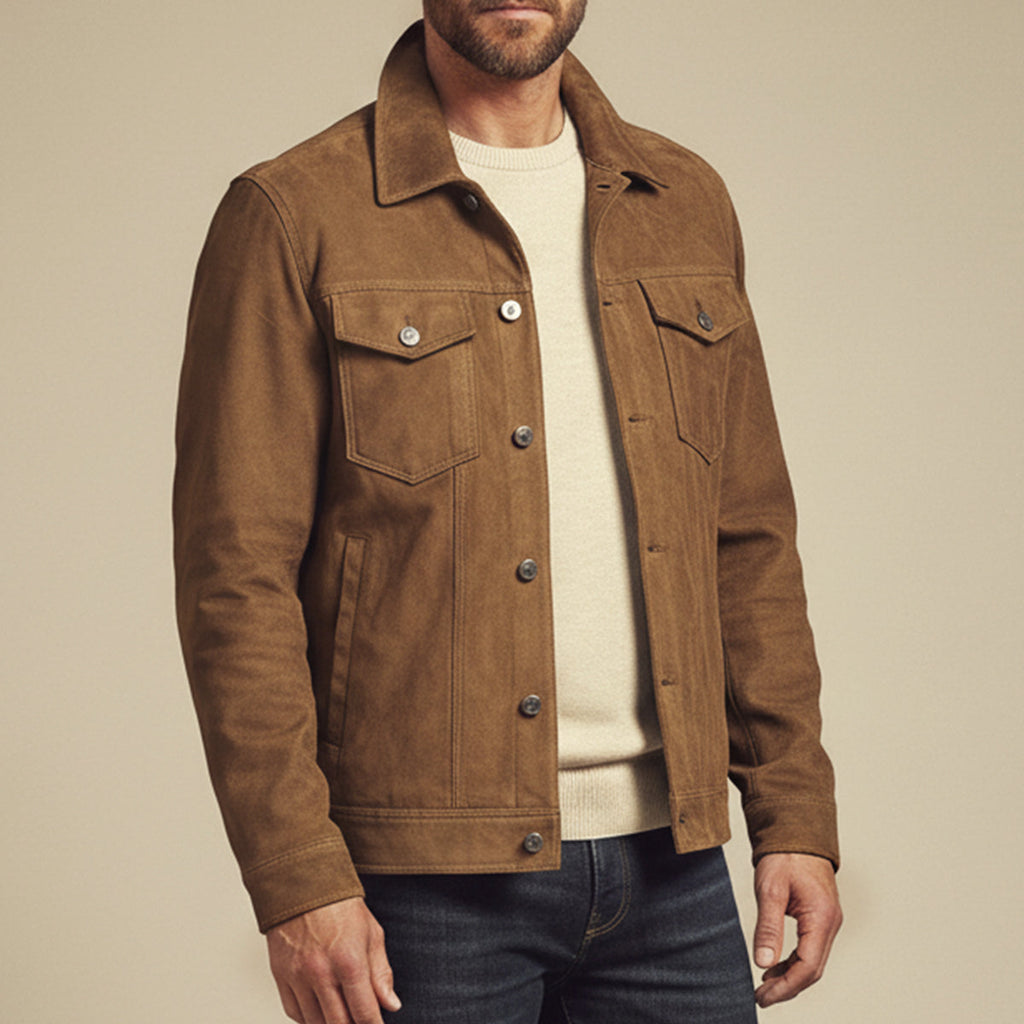 Men's suede cargo jacket, tan-brown, two chest flap pockets, button-front