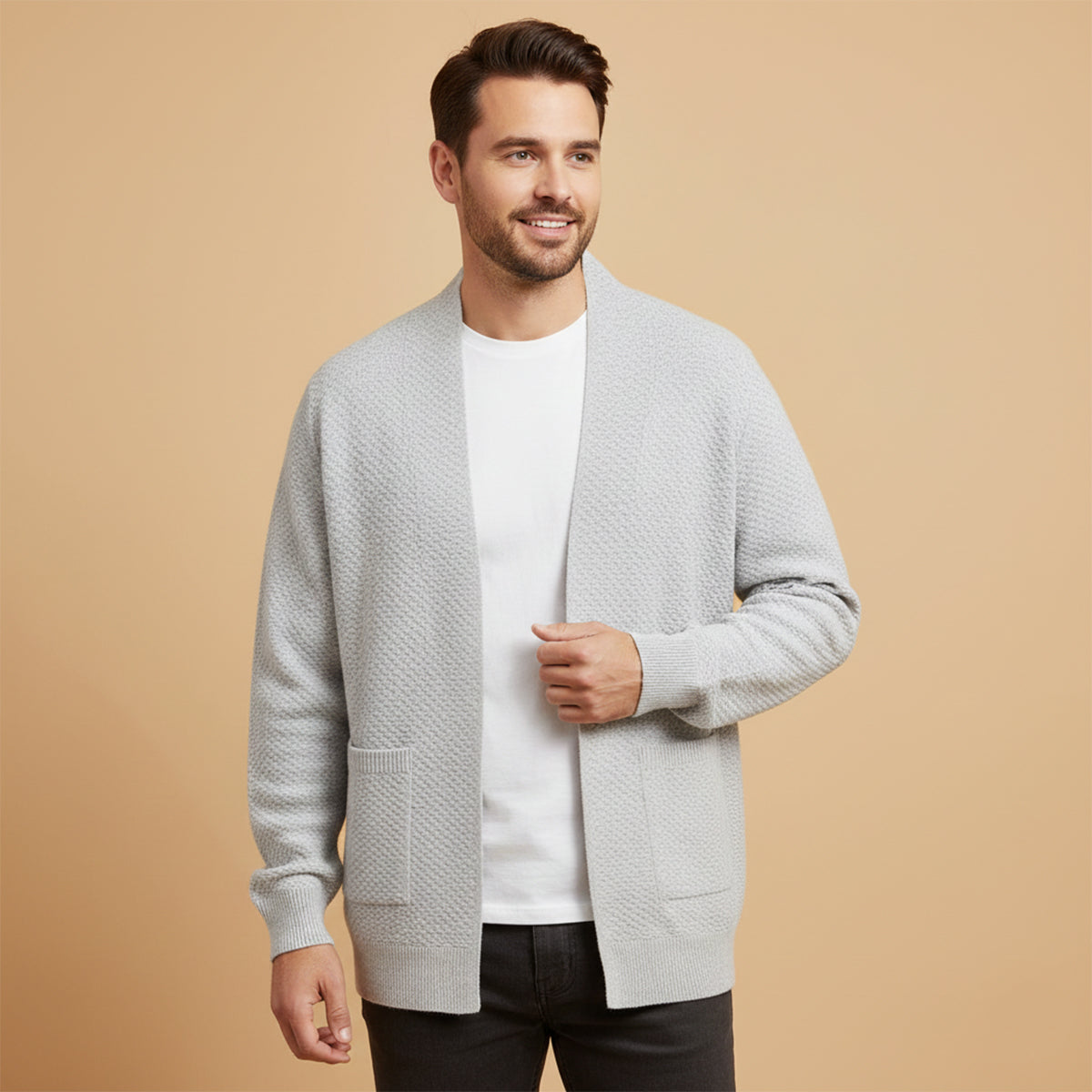 Men's open-front knit cardigan, light gray with long sleeves worn over a T-shirt