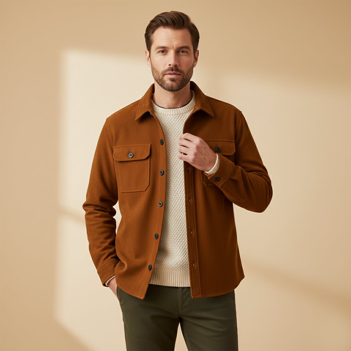 Men's camel overshirt worn open, with flap chest pockets and button front
