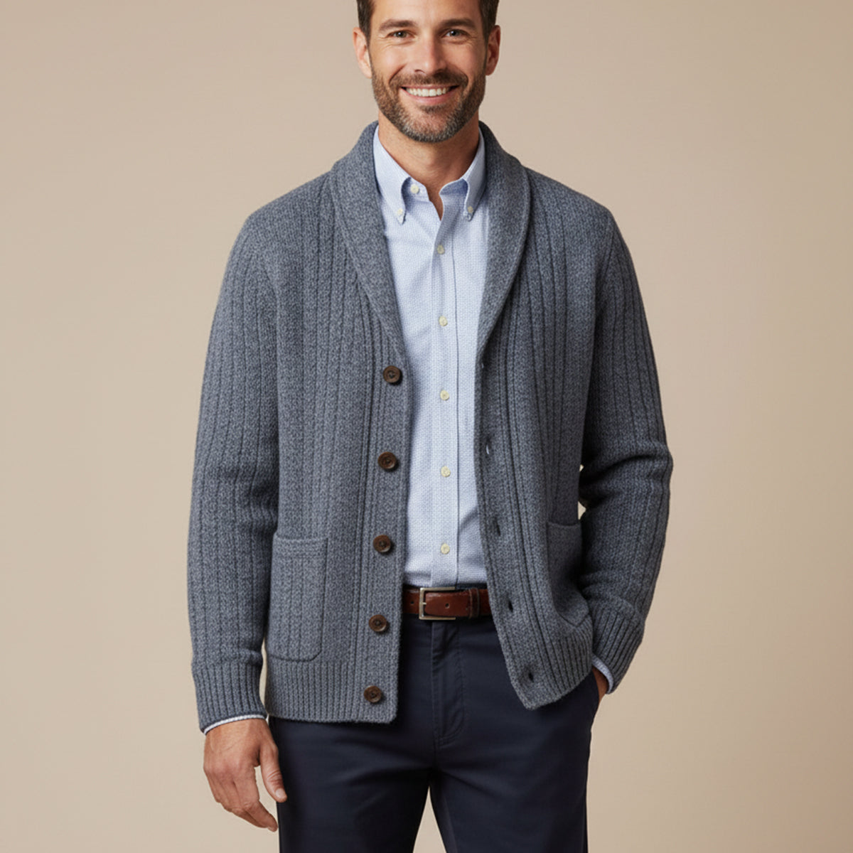 Men's dark gray cashmere cardigan, cable knit design, button front, worn open over shirt