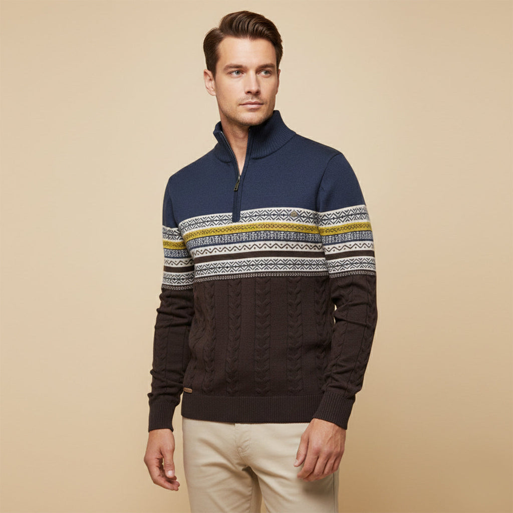 Men's quarter-zip cotton sweater worn by model, navy and dark brown Fair Isle knit