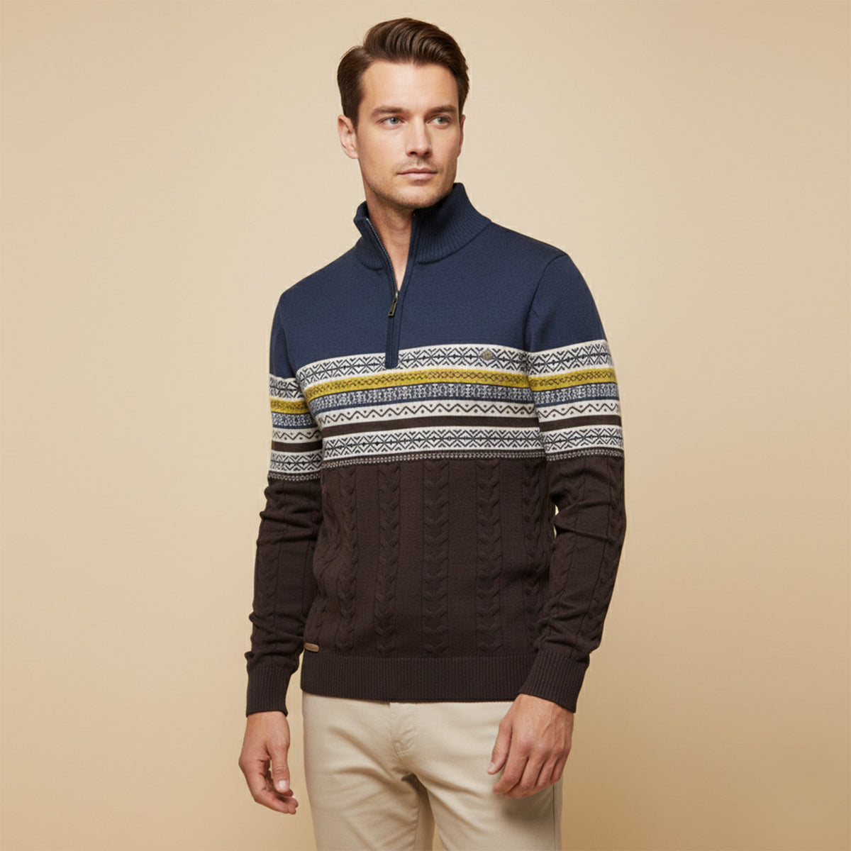 Men's quarter-zip cotton sweater worn by model, navy and dark brown Fair Isle knit