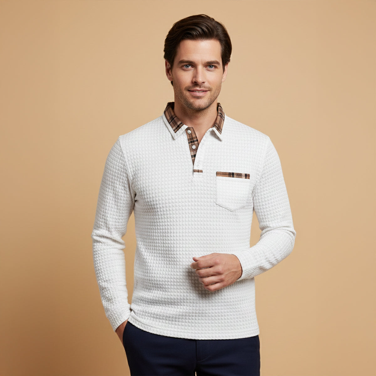White waffle knit polo sweater with plaid collar and chest pocket, long sleeves