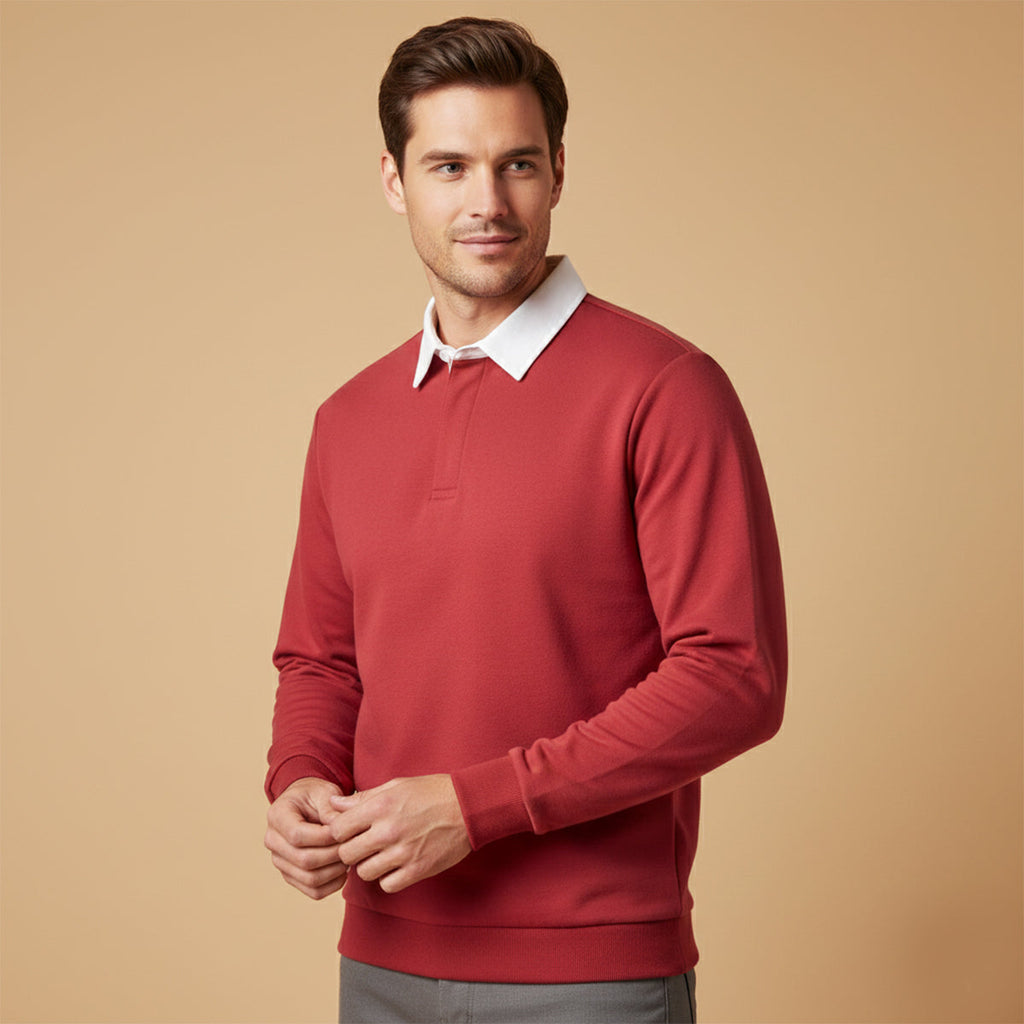 Men's red long-sleeve knit polo shirt with white contrast collar and 3-button placket
