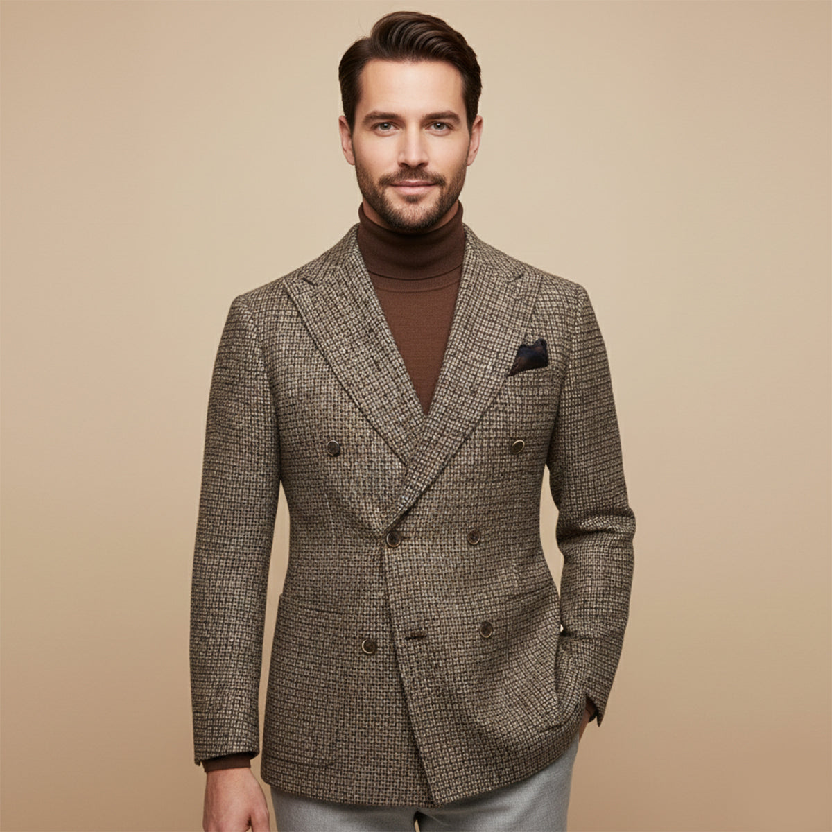 Men's brown textured check double-breasted blazer with front buttons and chest pocket