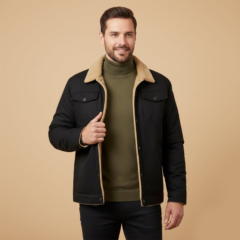 Men’s dark navy fleece-lined winter coat with sherpa-style collar and snap placket