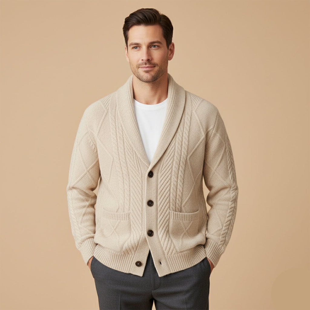 Men's beige wool button cardigan worn with a white crew-neck shirt