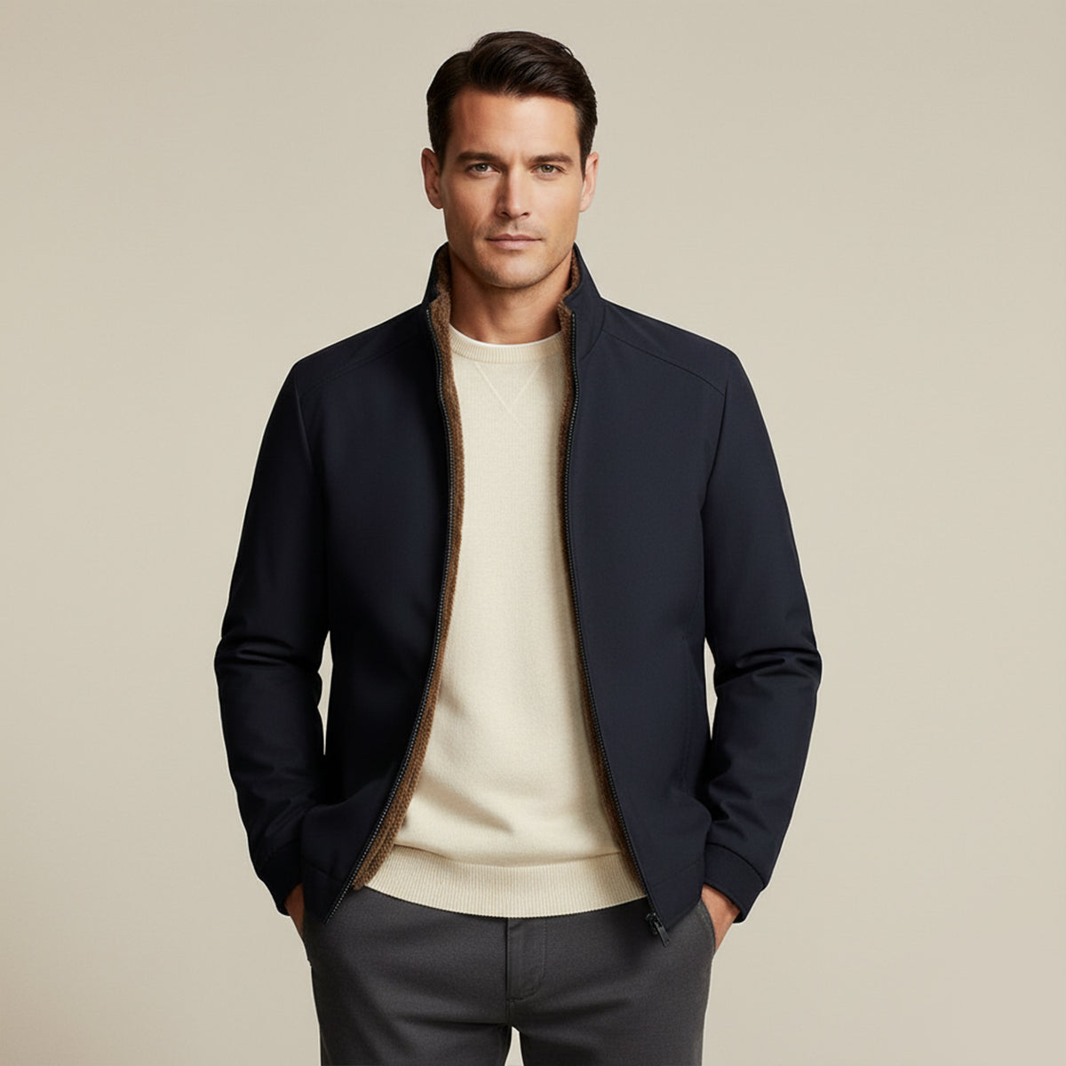 Men’s dark blue winter jacket with zipper front, open fleece lining, and ribbed cuffs.