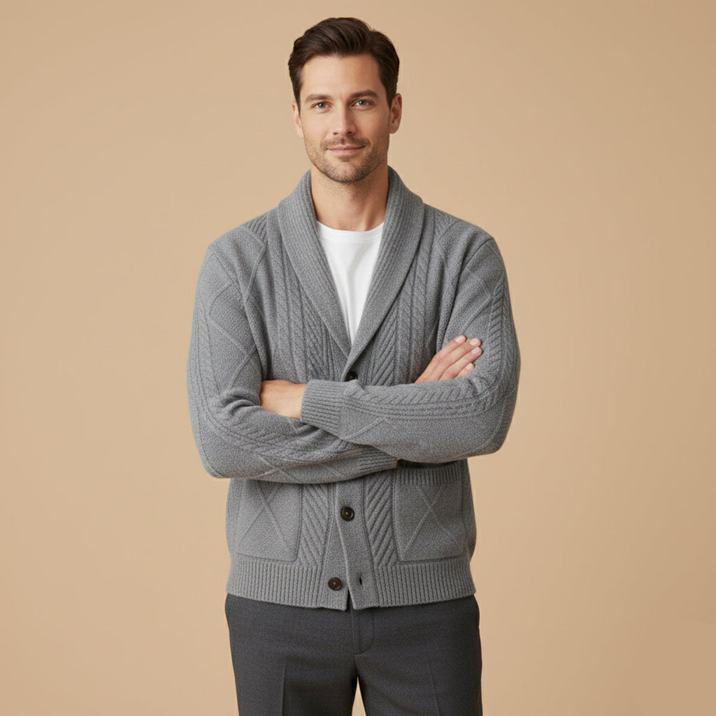 Men's gray wool button cardigan with cable knit pattern and button closure