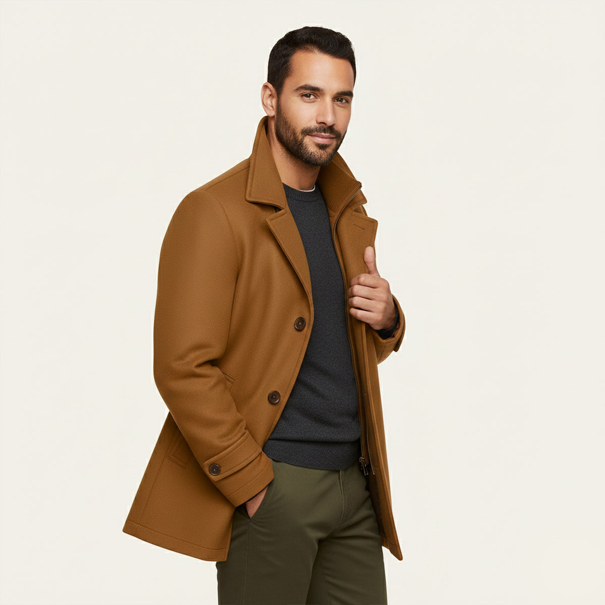 Men's brown long casual jacket worn open, with button placket, stand collar, and flap pockets