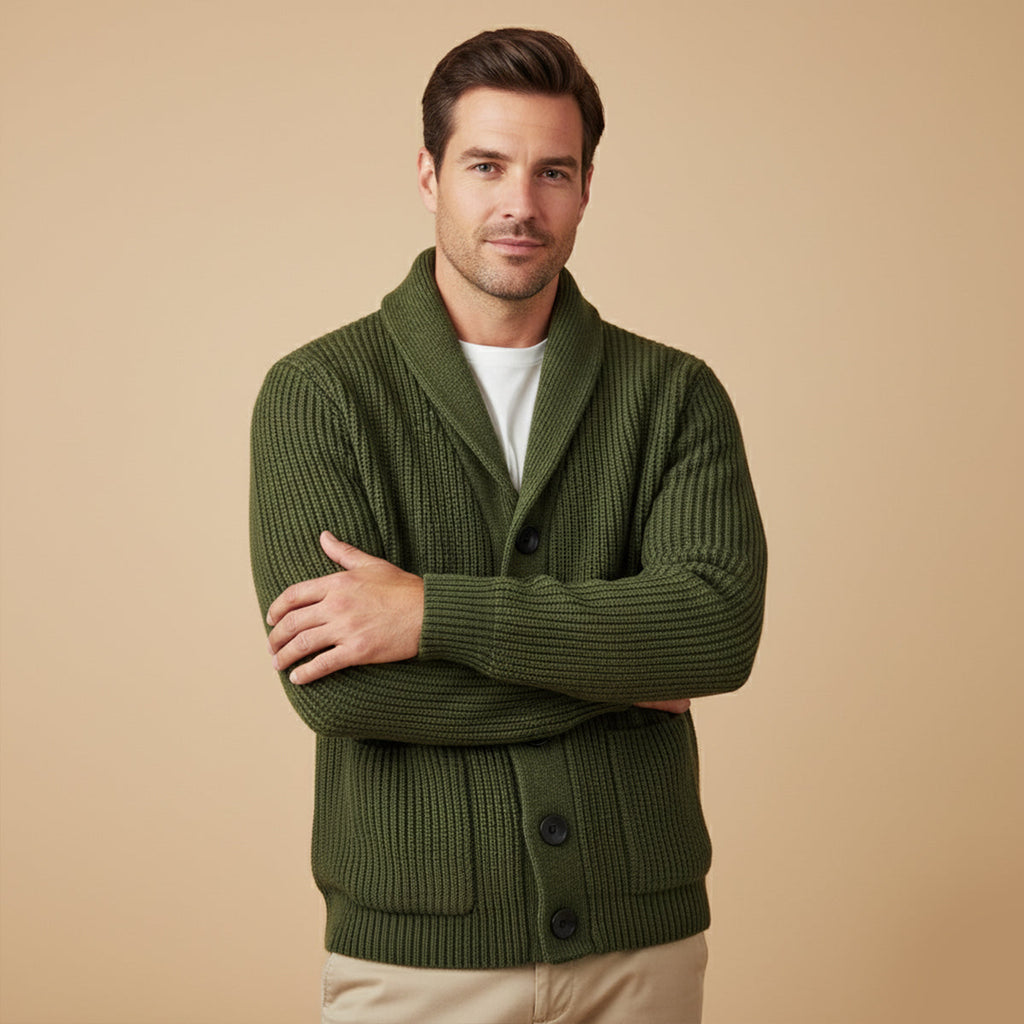 Men's green chunky knit shawl-collar cardigan with four-button front