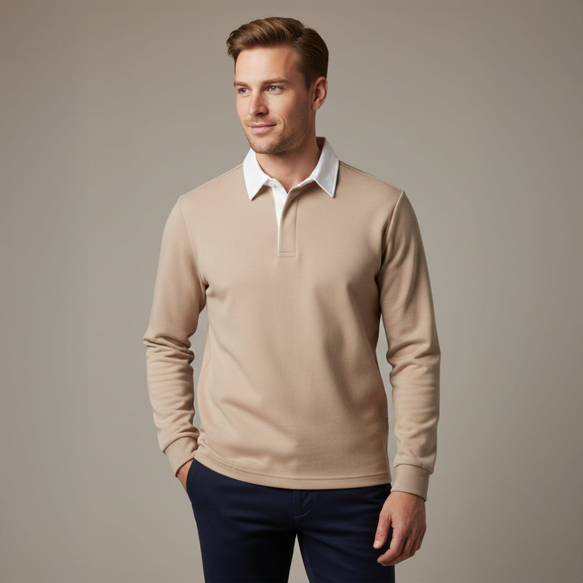 Men's long-sleeve knit polo shirt in khaki with white collar and button placket