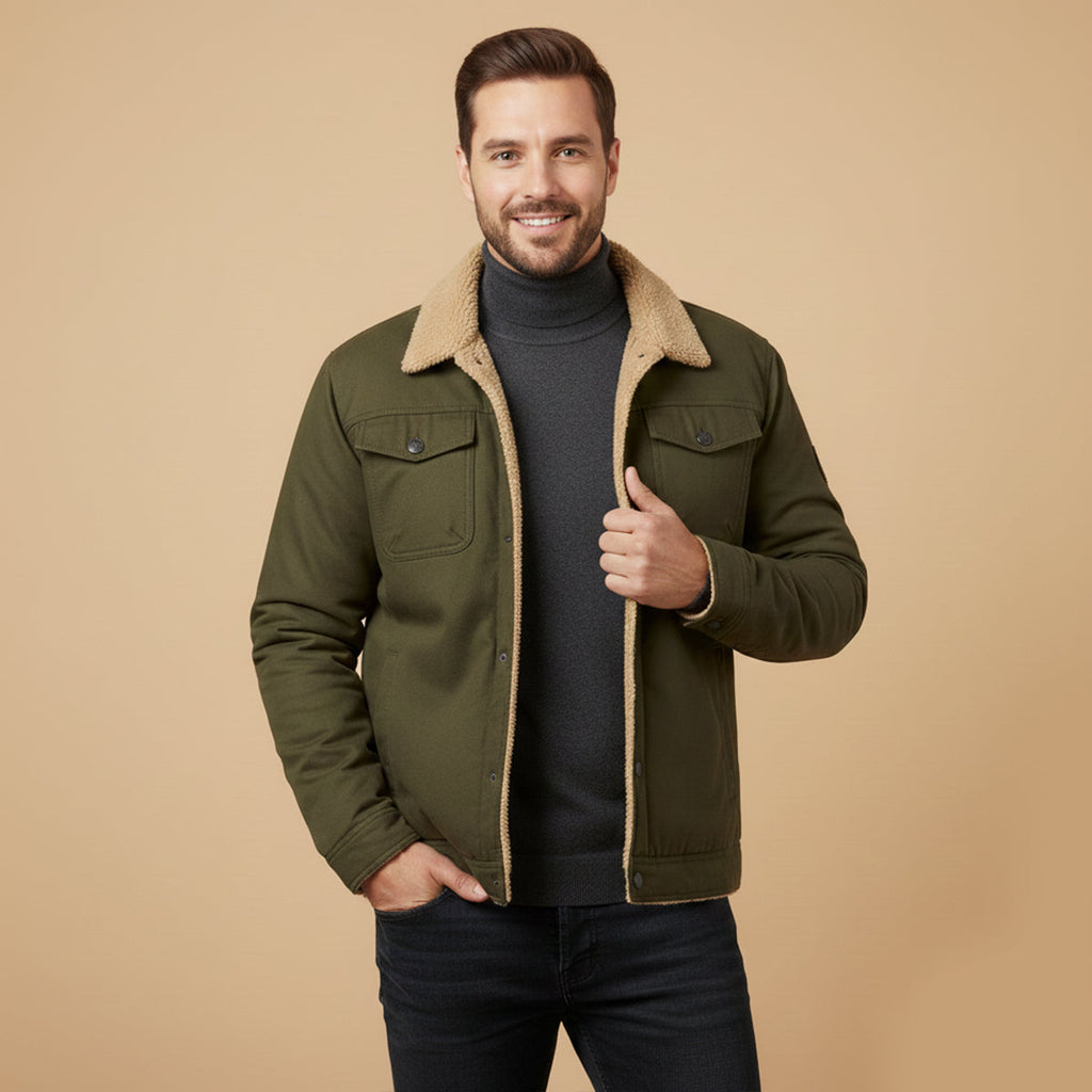Men’s olive green fleece-lined winter coat with tan sherpa collar and snap front