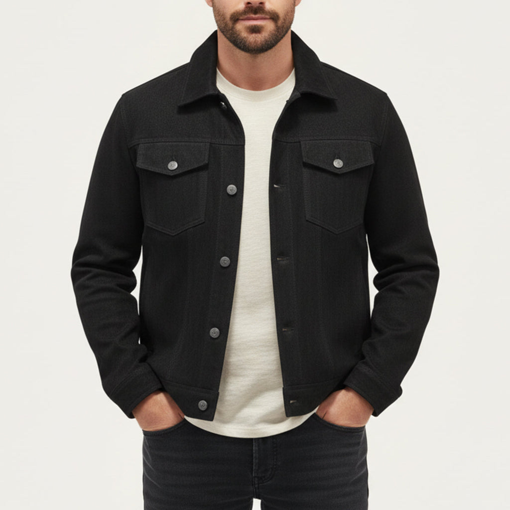 Black suede cargo jacket with button front, spread collar, and flap chest pockets.