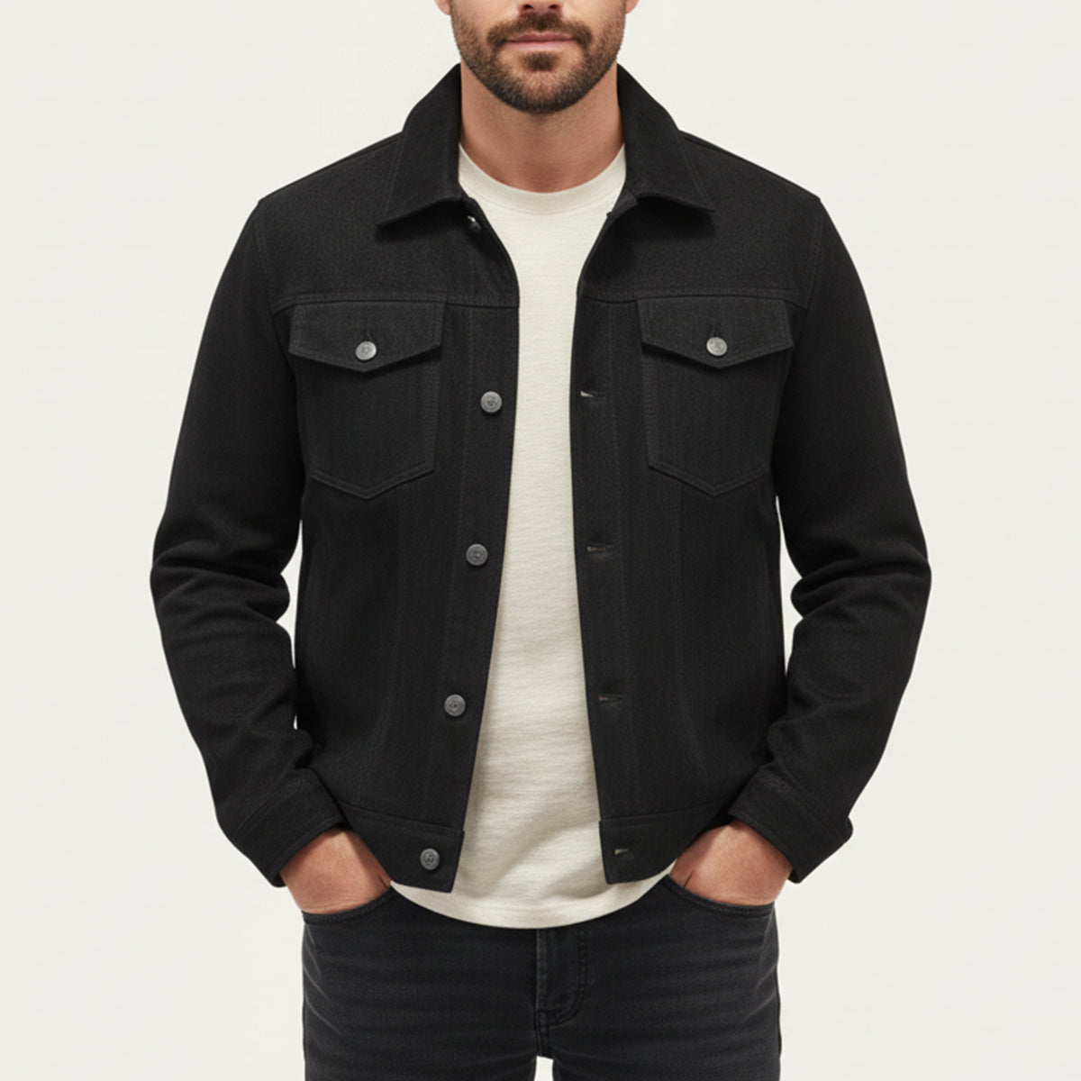 Black suede cargo jacket with button front, spread collar, and flap chest pockets.