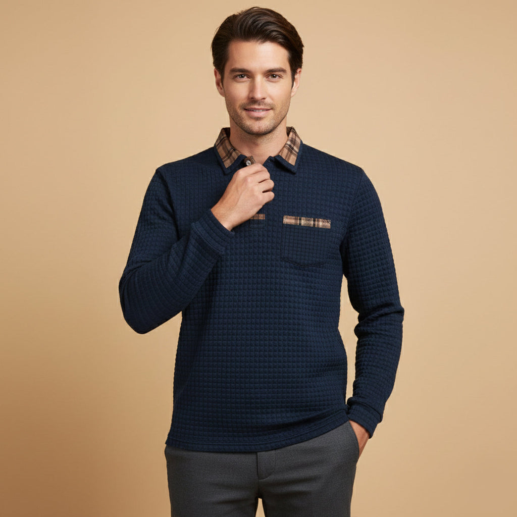 Men's dark blue waffle-knit polo sweater with plaid collar and chest pocket, long sleeves