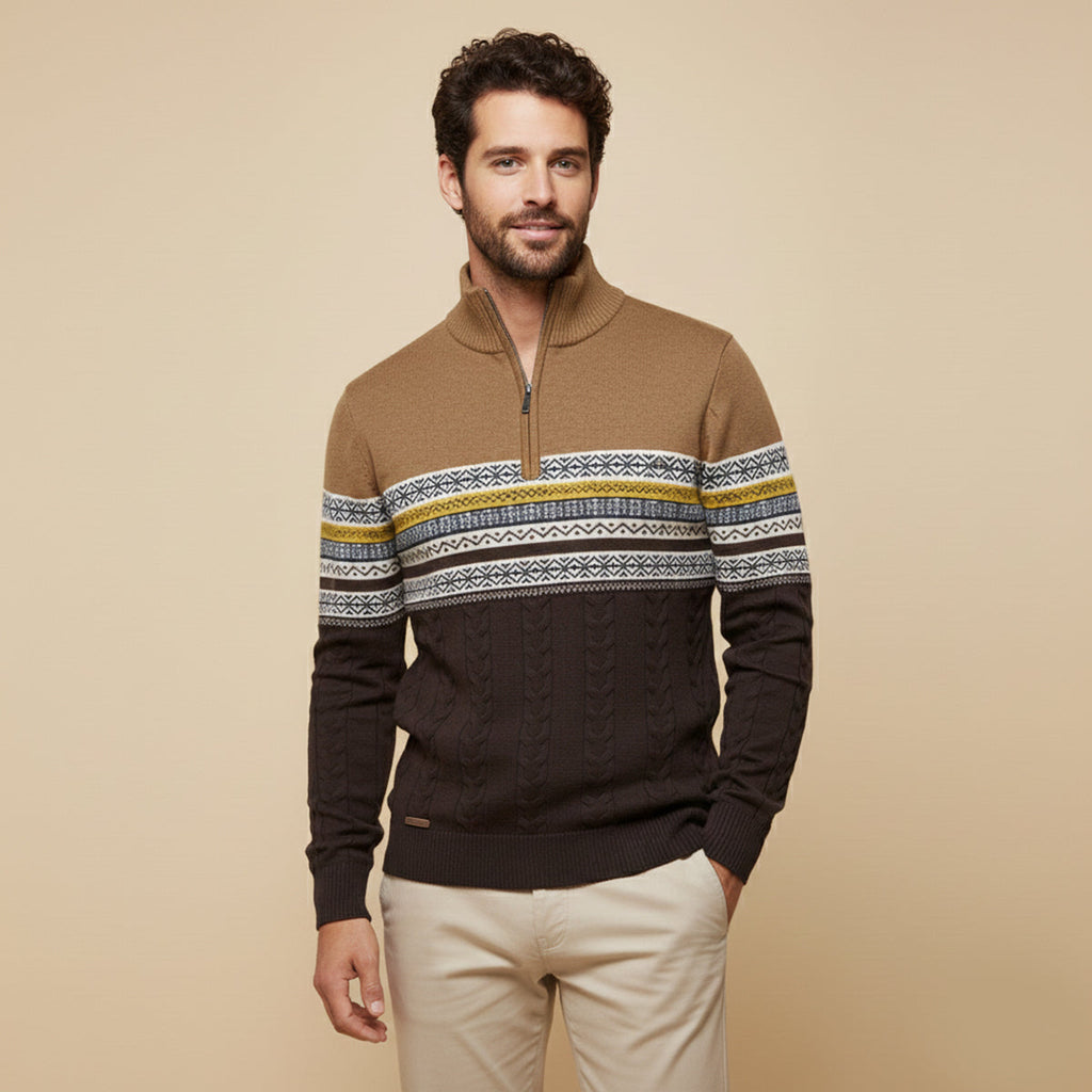 Men's quarter-zip cotton sweater worn by model, khaki with Fair Isle knit panel