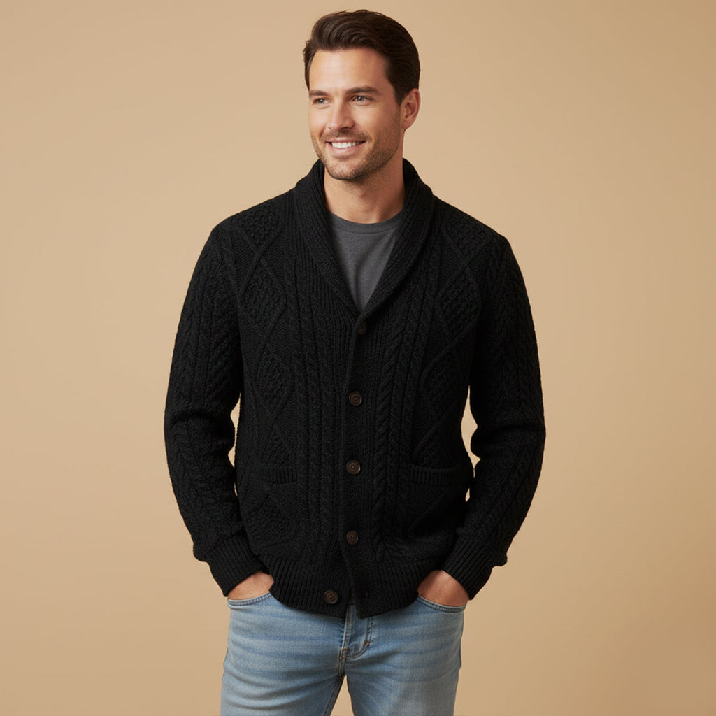 Men's black shawl-collar cardigan with button front and cable-knit pattern