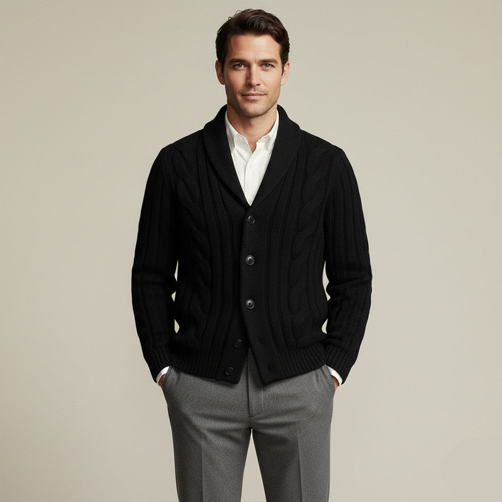Men’s black cable-knit cardigan with button front and shawl collar, ribbed cuffs