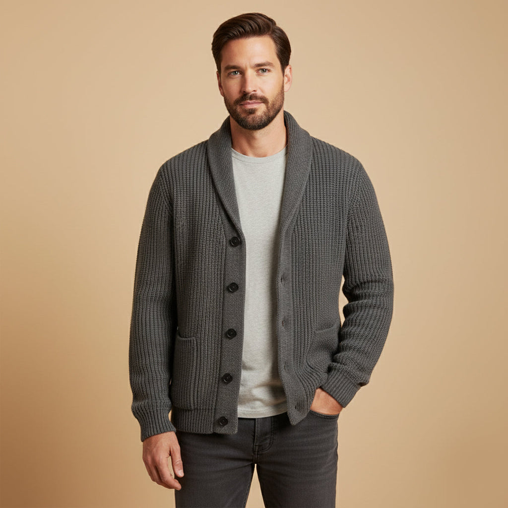 Men's dark gray chunky knit shawl-collar cardigan with four-button front