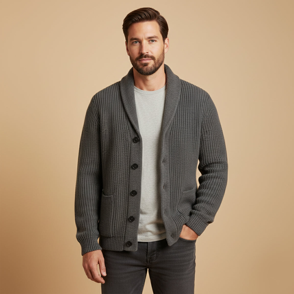 Men's dark gray chunky knit shawl-collar cardigan with four-button front