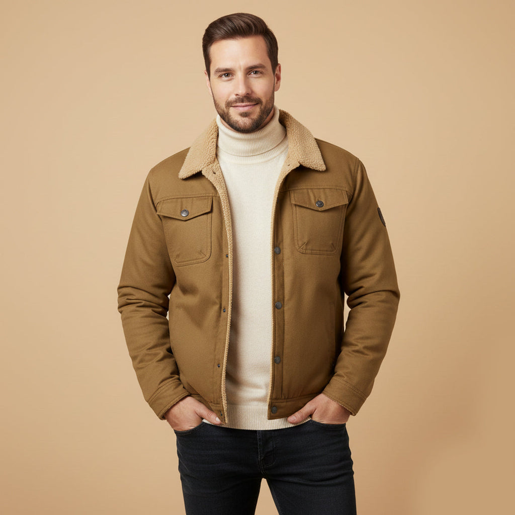Men’s tan fleece-lined winter coat with pointed collar and dual chest pockets