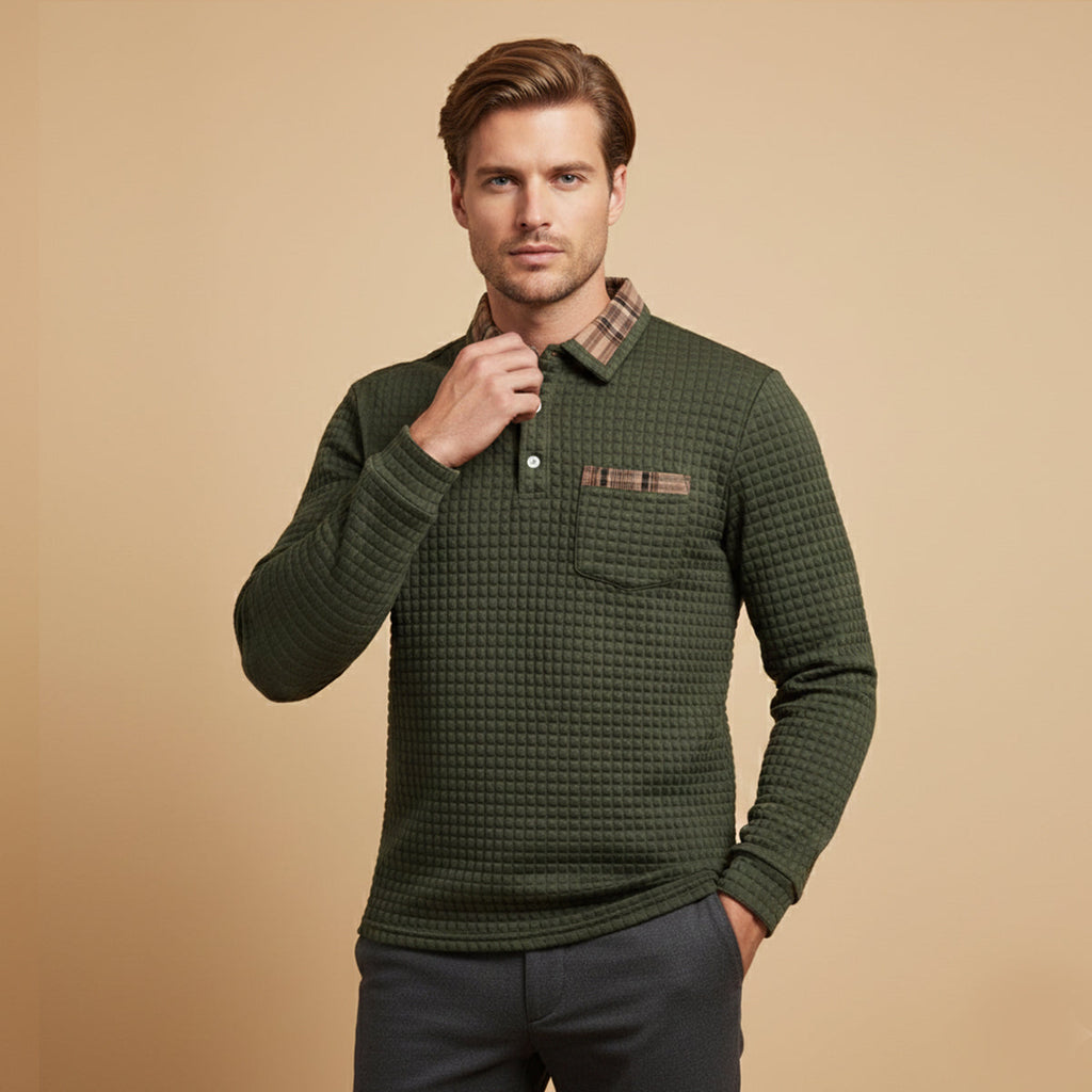 Men's army green waffle-knit polo sweater with plaid collar and pocket, long sleeves