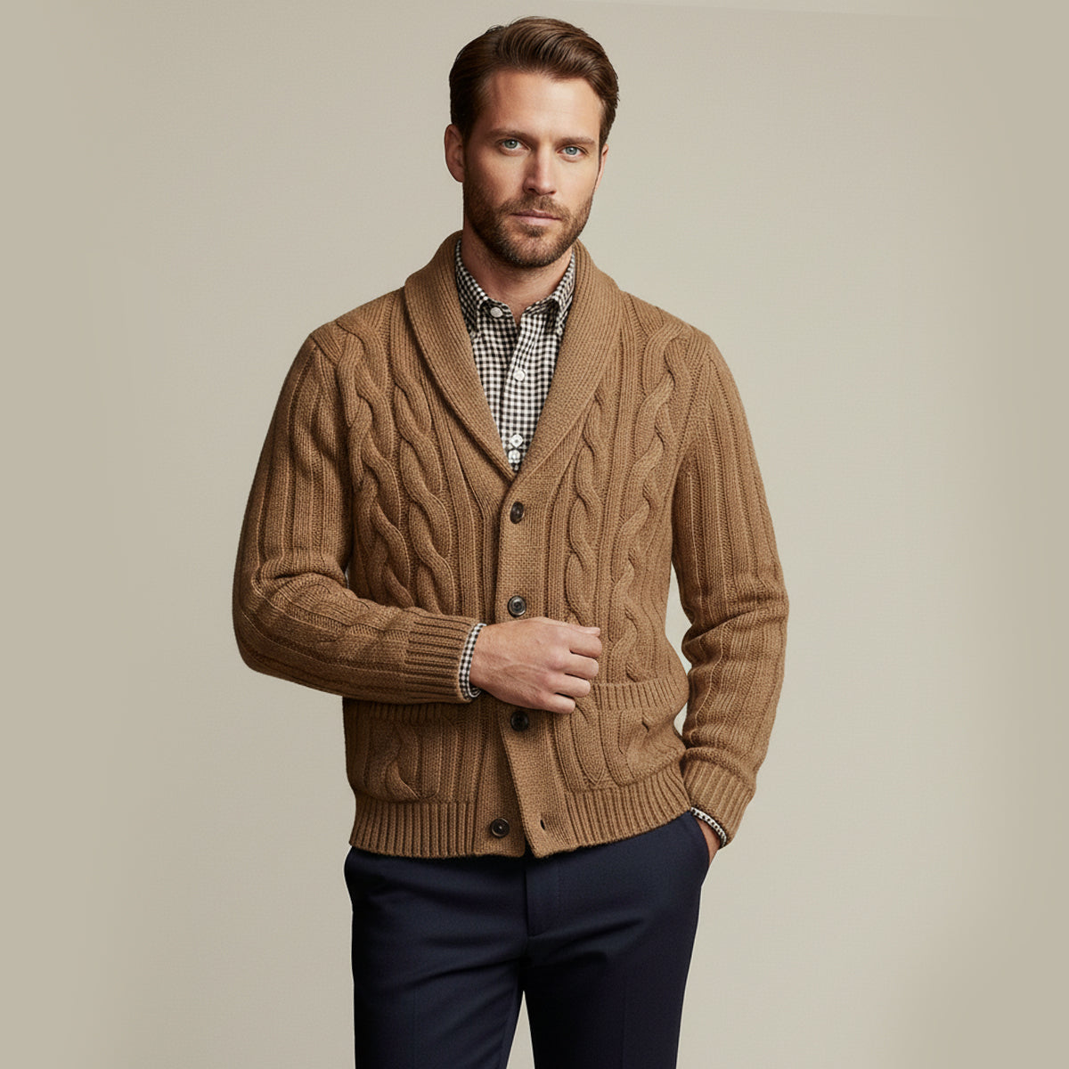 Men’s beige cable-knit cardigan with button front, shawl collar and ribbed cuffs