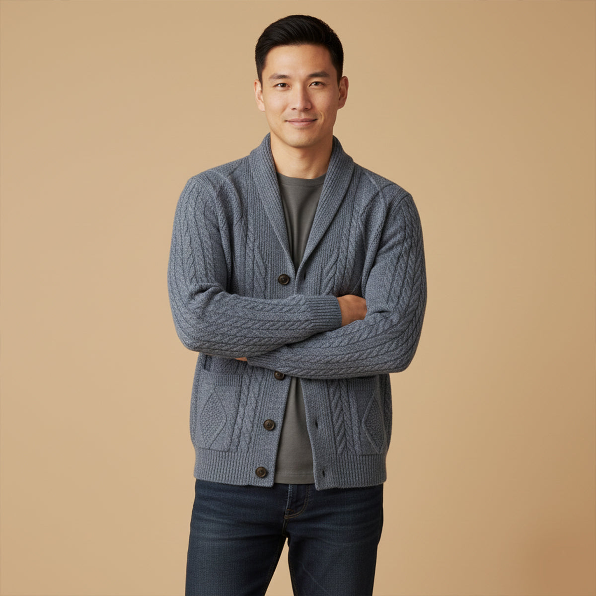 Men's gray shawl-collar cardigan with button front; cable-knit texture
