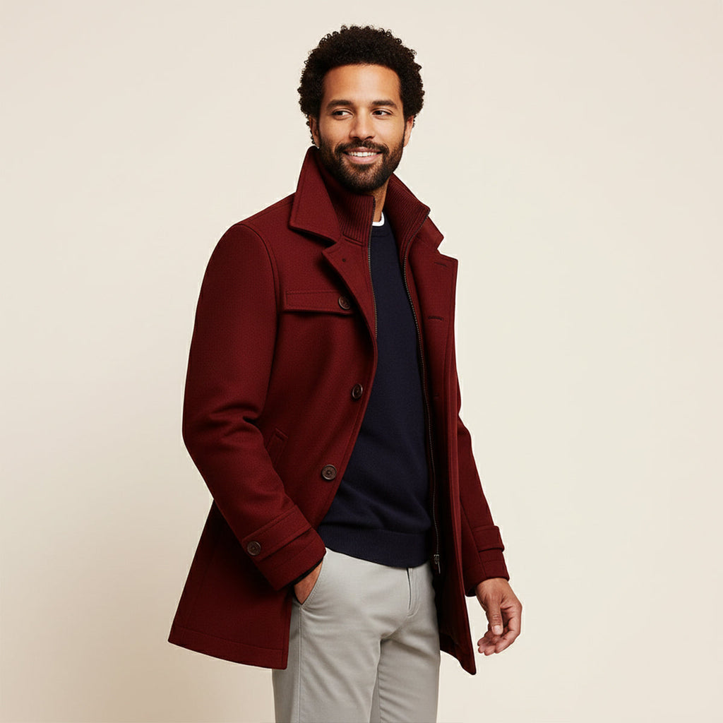 Men's burgundy long casual jacket worn open with stand collar and buttoned cuffs