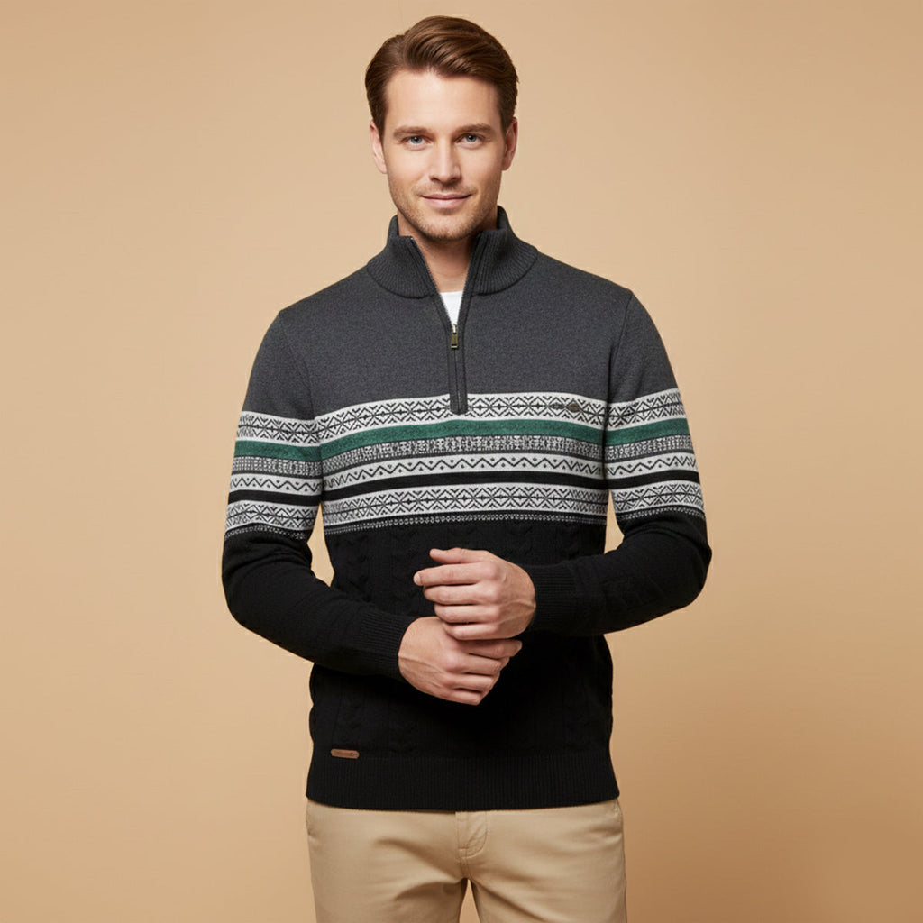 Men's quarter-zip cotton sweater worn by model, dark gray Fair Isle knit pattern