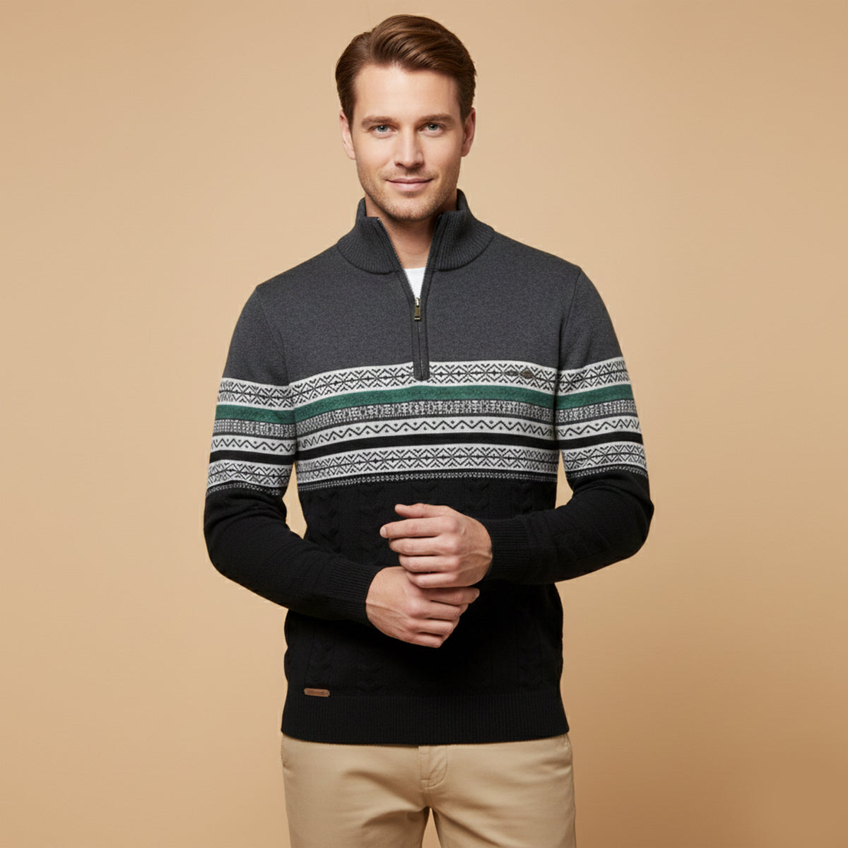 Men's quarter-zip cotton sweater worn by model, dark gray Fair Isle knit pattern