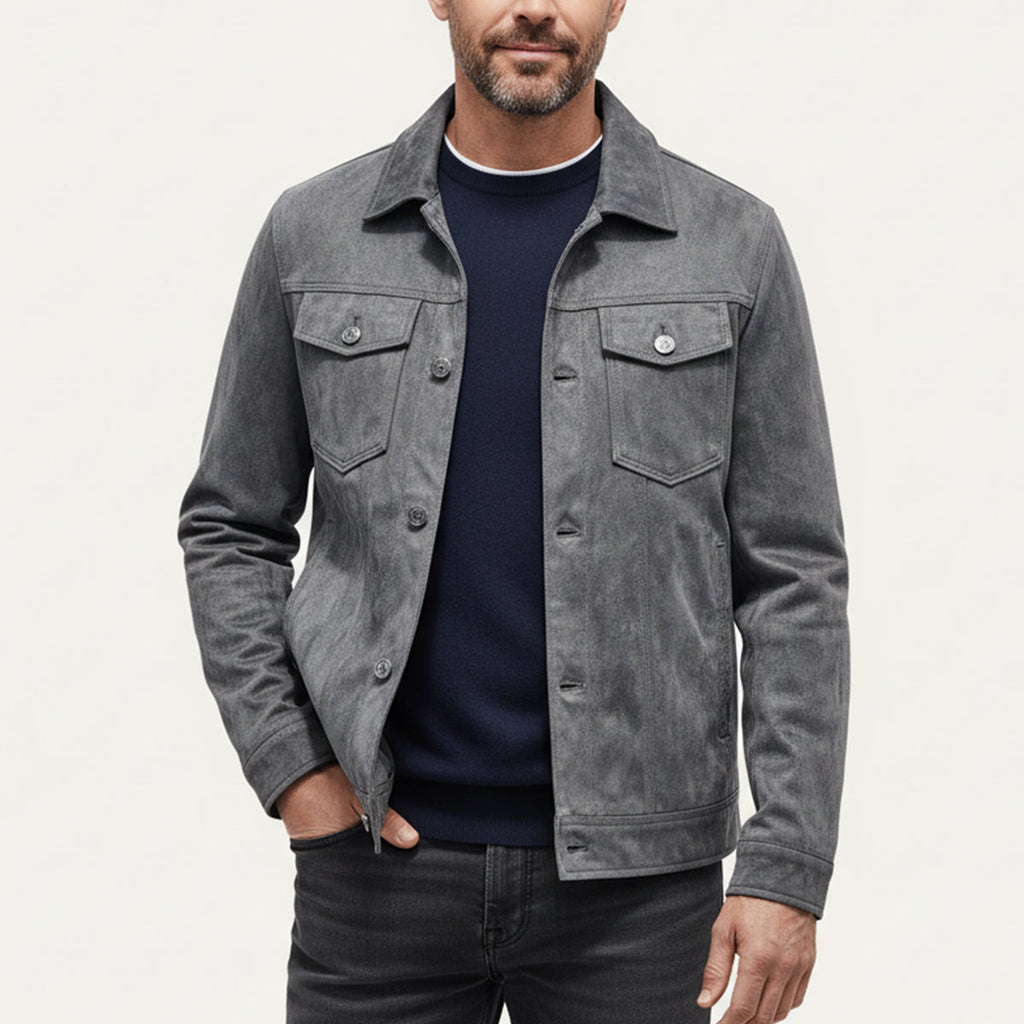 Men's suede cargo jacket, gray, chest flap pockets, button-front