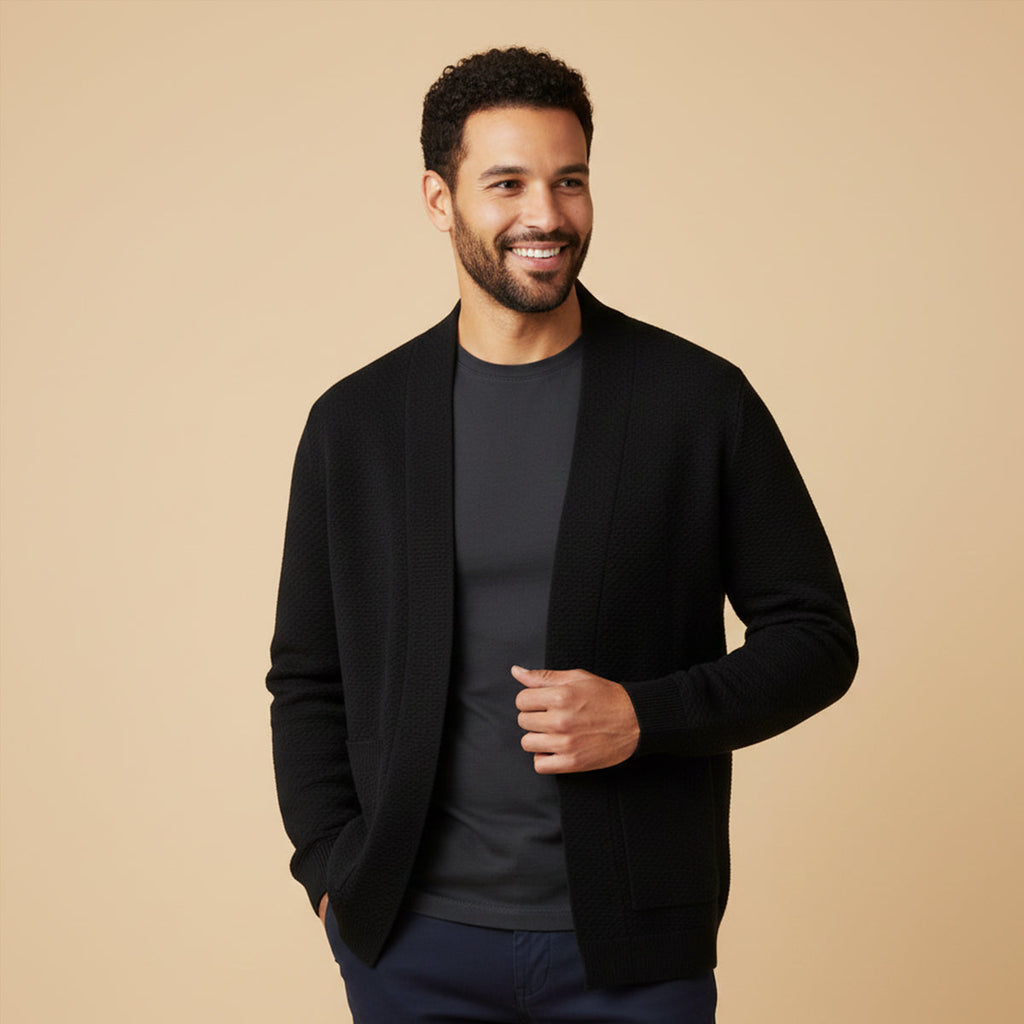 Men's black open-front knit cardigan with patch pockets, ribbed cuffs