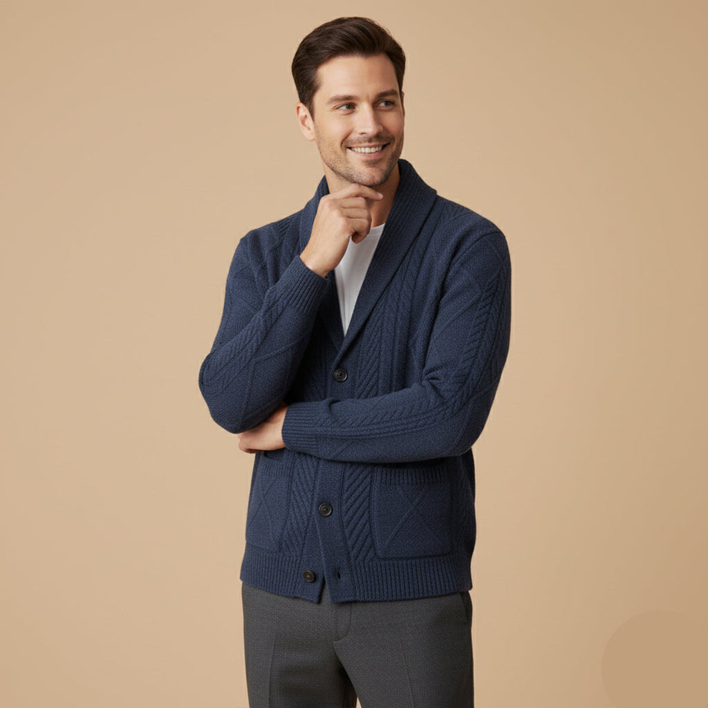 Men's blue wool button cardigan worn with a collared shirt and dark trousers